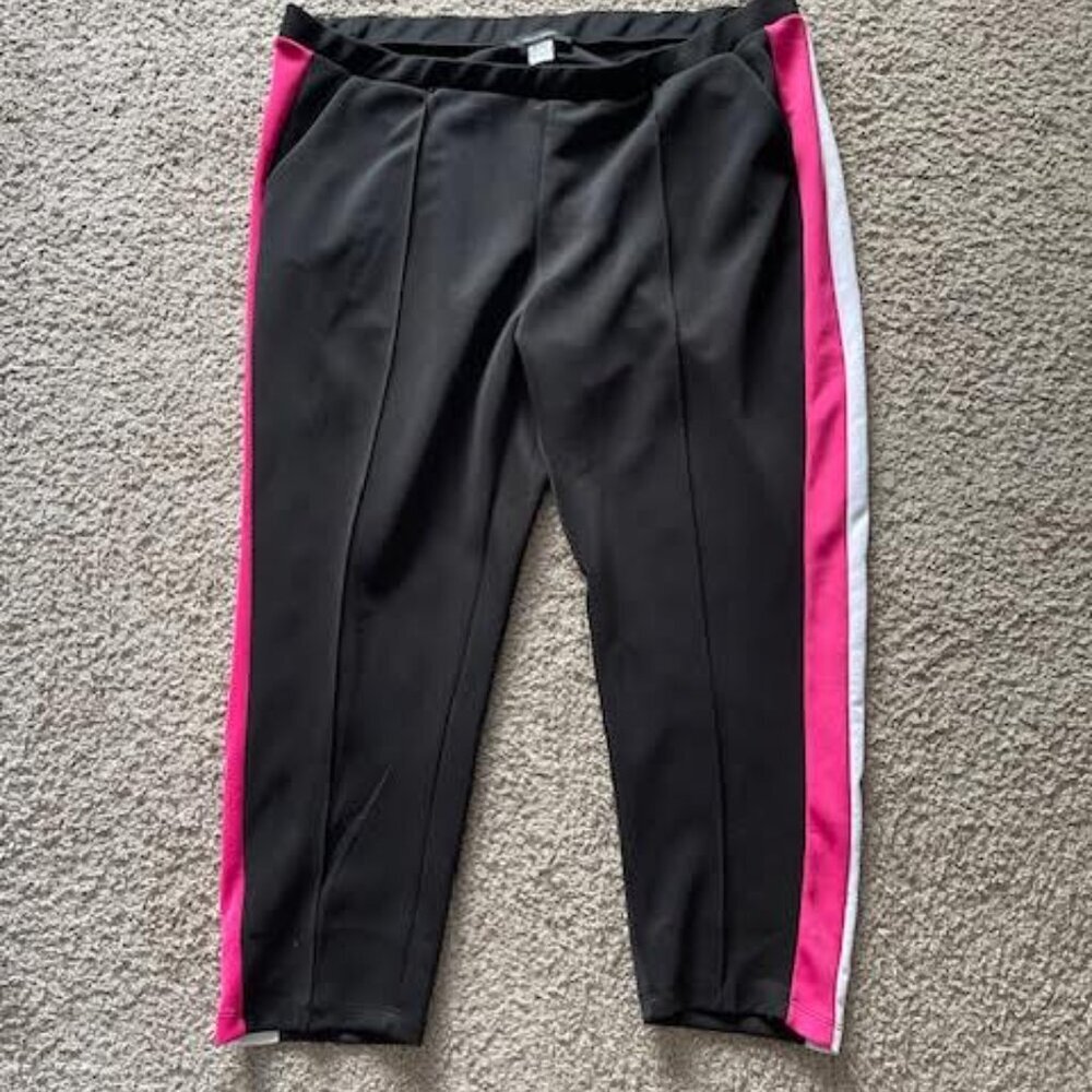 Ashley Stewart Black Track Pants with Pink & White Side Stripes – Size 26/28